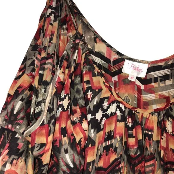Parker 100% silk STUNNING Aztec IKAT orange gray tunic dress xs - Picture 3 of 4